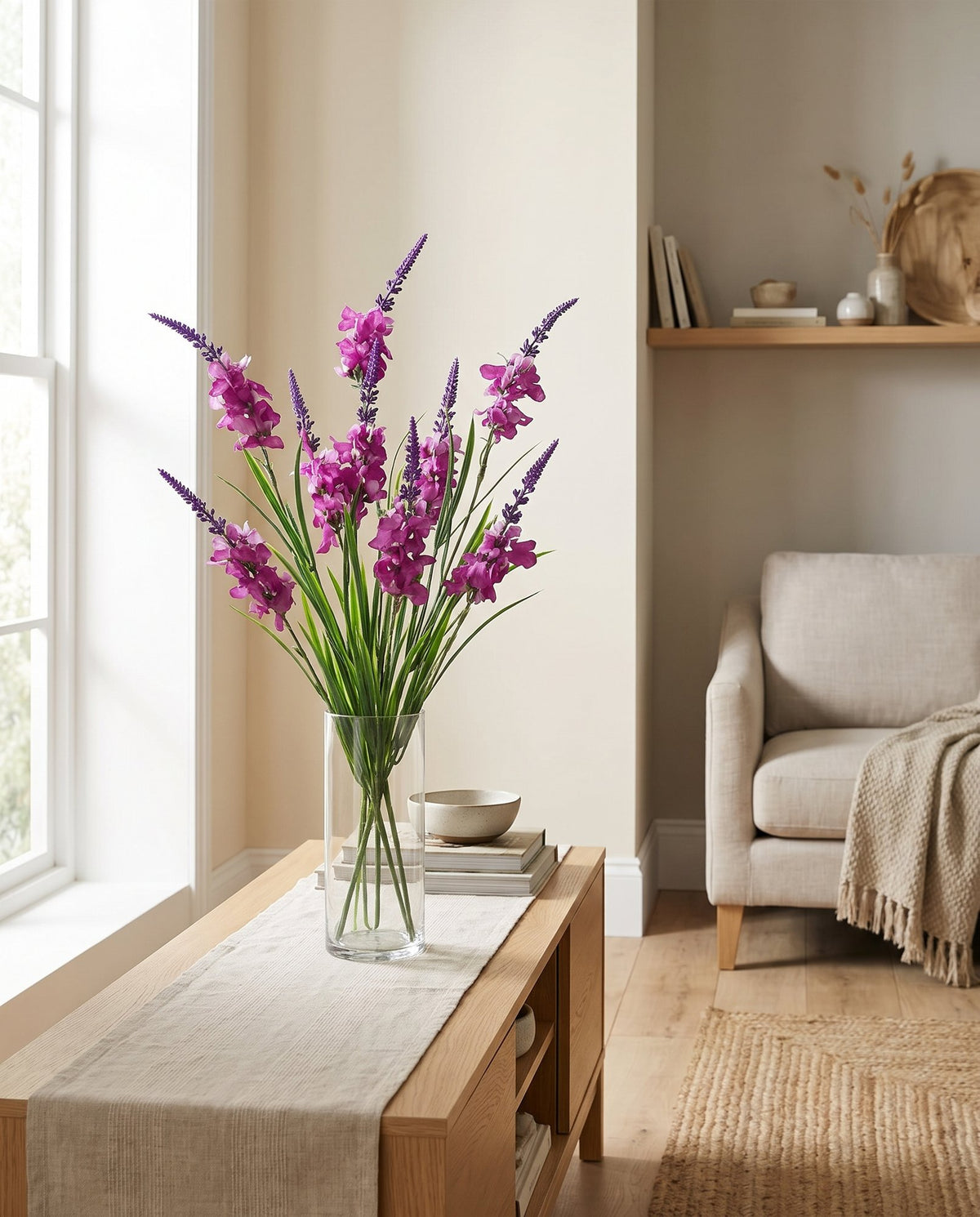 80cm Dark Pink Larkspur Artifical Stem styled in a room