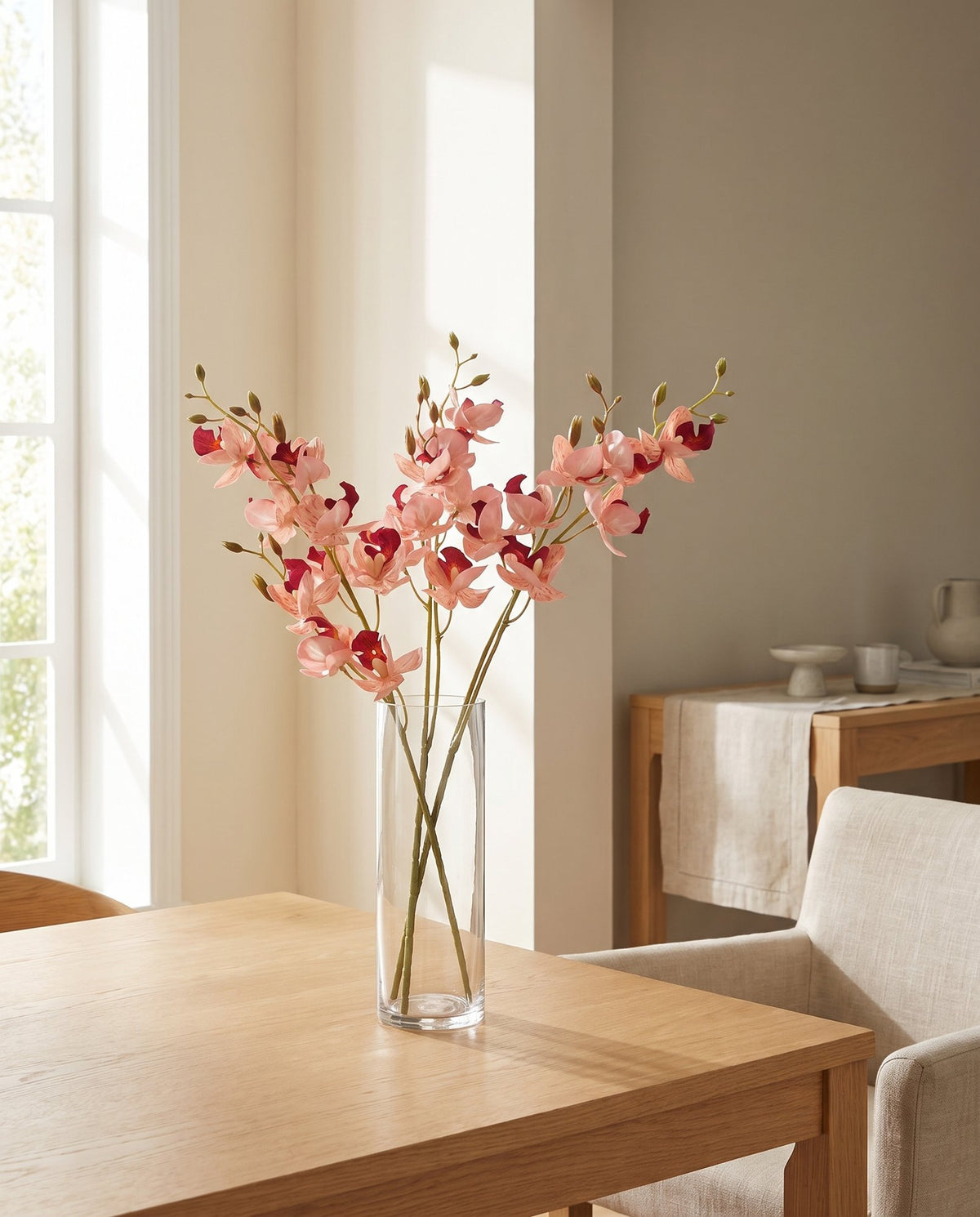 80cm Pink Artificial Mini Orchid Stem styled in a room
