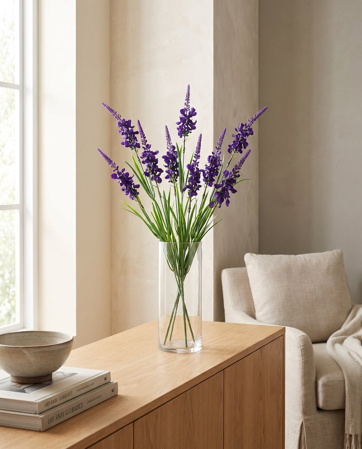 80cm Purple Larkspur Artifical Stem styled in a room