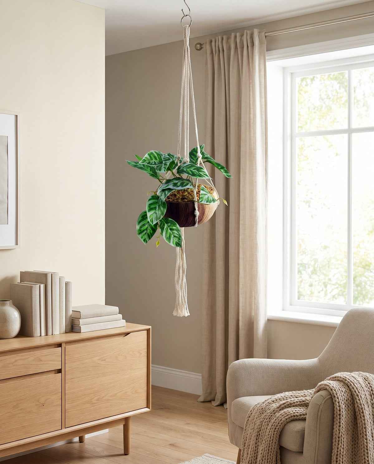 85cm Hanging Artificial Pothos Plant with Planter styled in a room