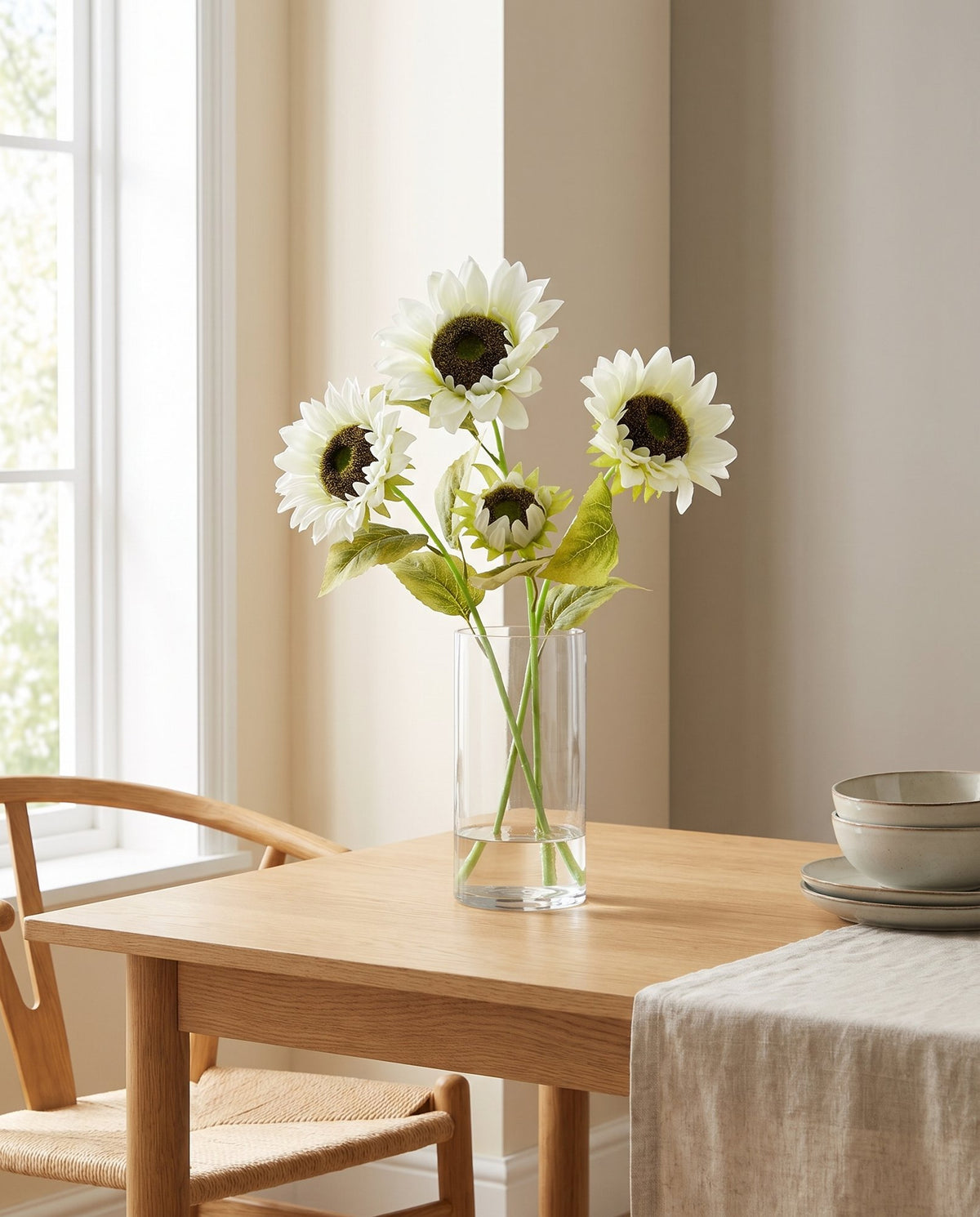 88cm White Artificial Sunflower - 3 heads styled in a room