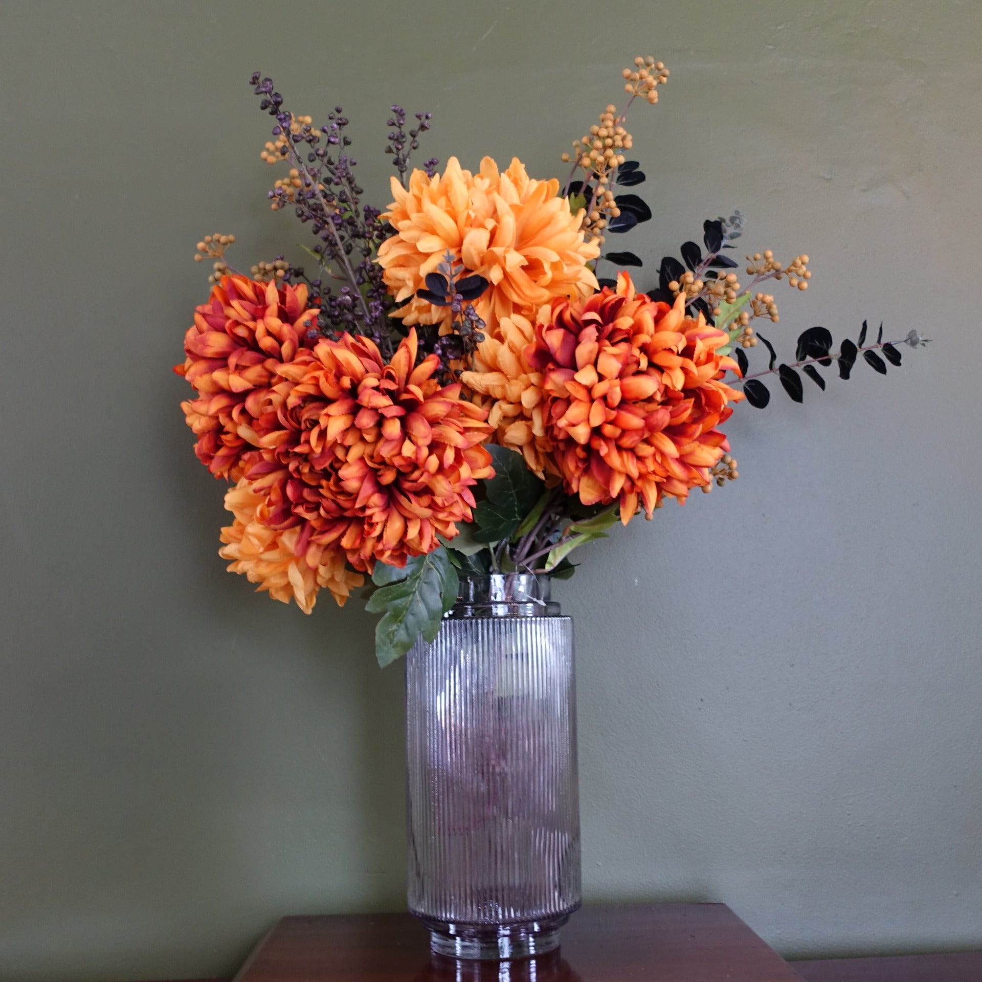 65cm Orange and Black Flower Arrangement Glass Vase