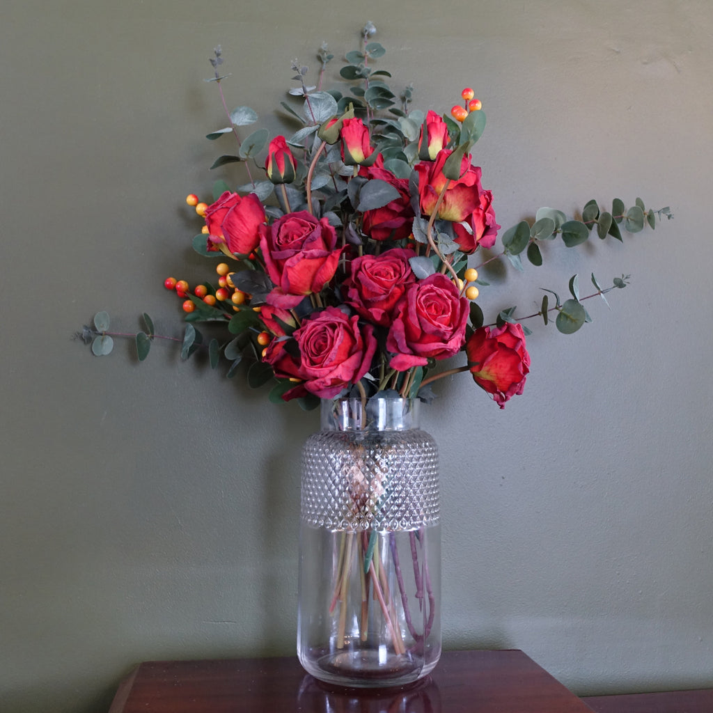 60cm Red Rose and Eucalyptus Glass Diamond Vase