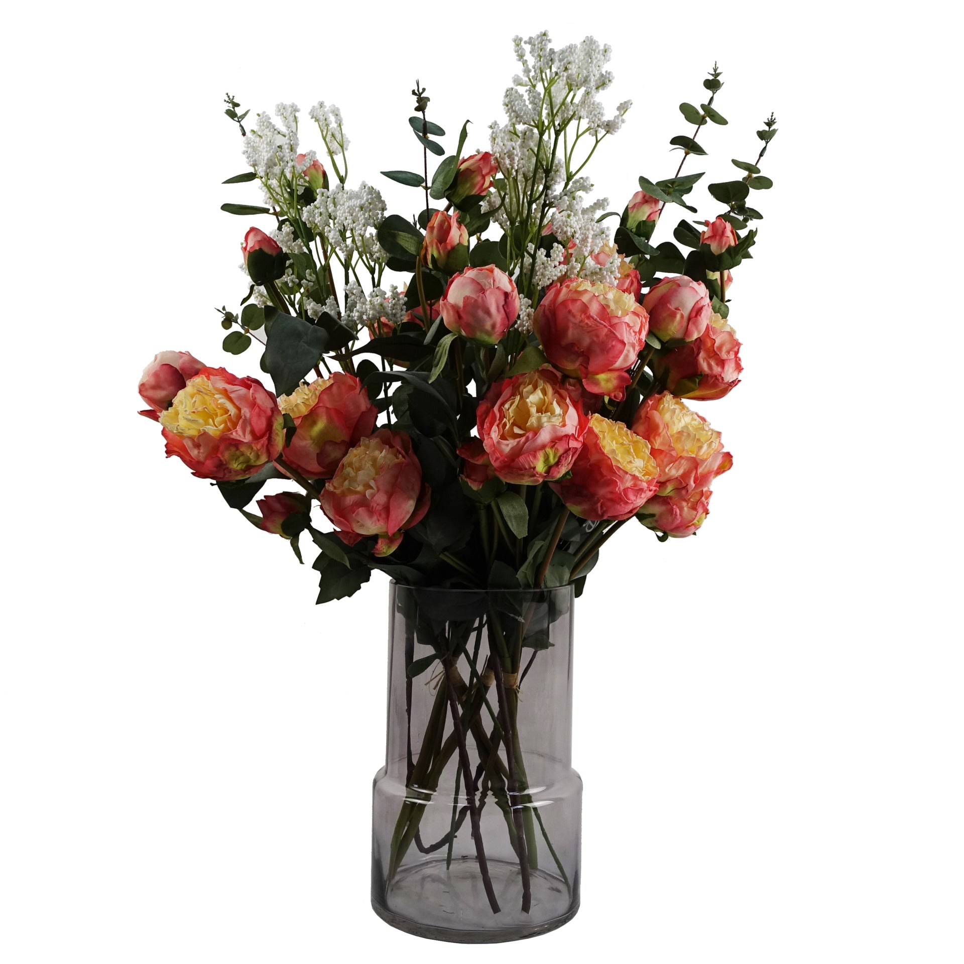60cm Smoke Grey Vase Pink Peonies and Artificial Eucalyptus