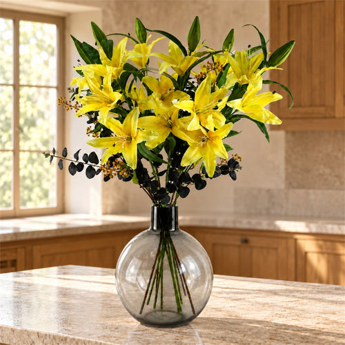 100cm Yellow Lily Black Eucalptus Glass Ball Vase
