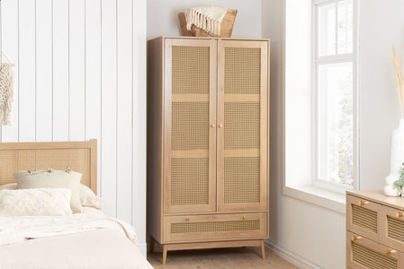 CRORWD21OAK 2 Door 1 Drawer Rattan Wardrobe Oak