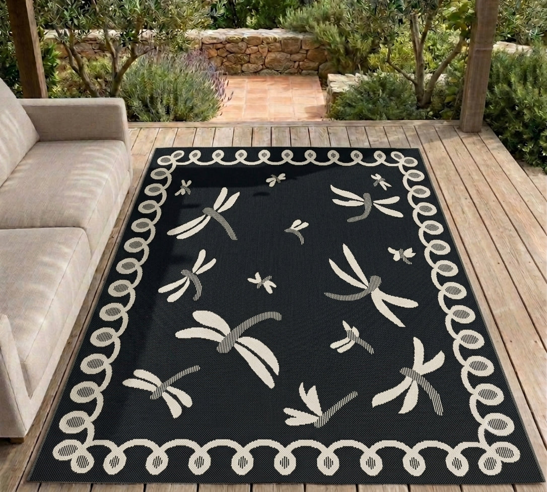 Terrace Dragonfly Black Rug