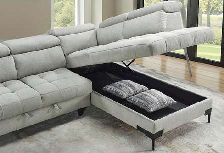 Hugo Greige chaise with lift-up storage open