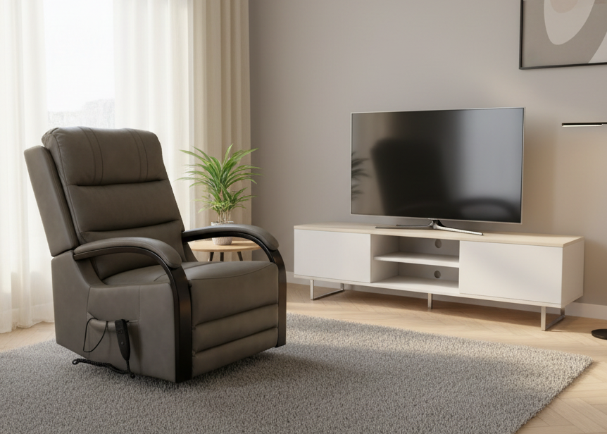 Luxury Dual Motor Rise & Recliner Chair – Grey Leather Look – £799