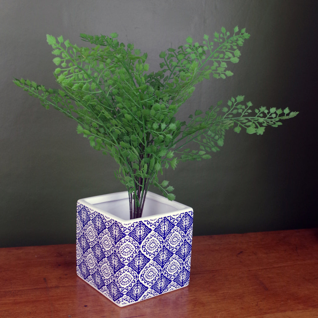 Ceramic Cube Planter Blue Print Plant Pot