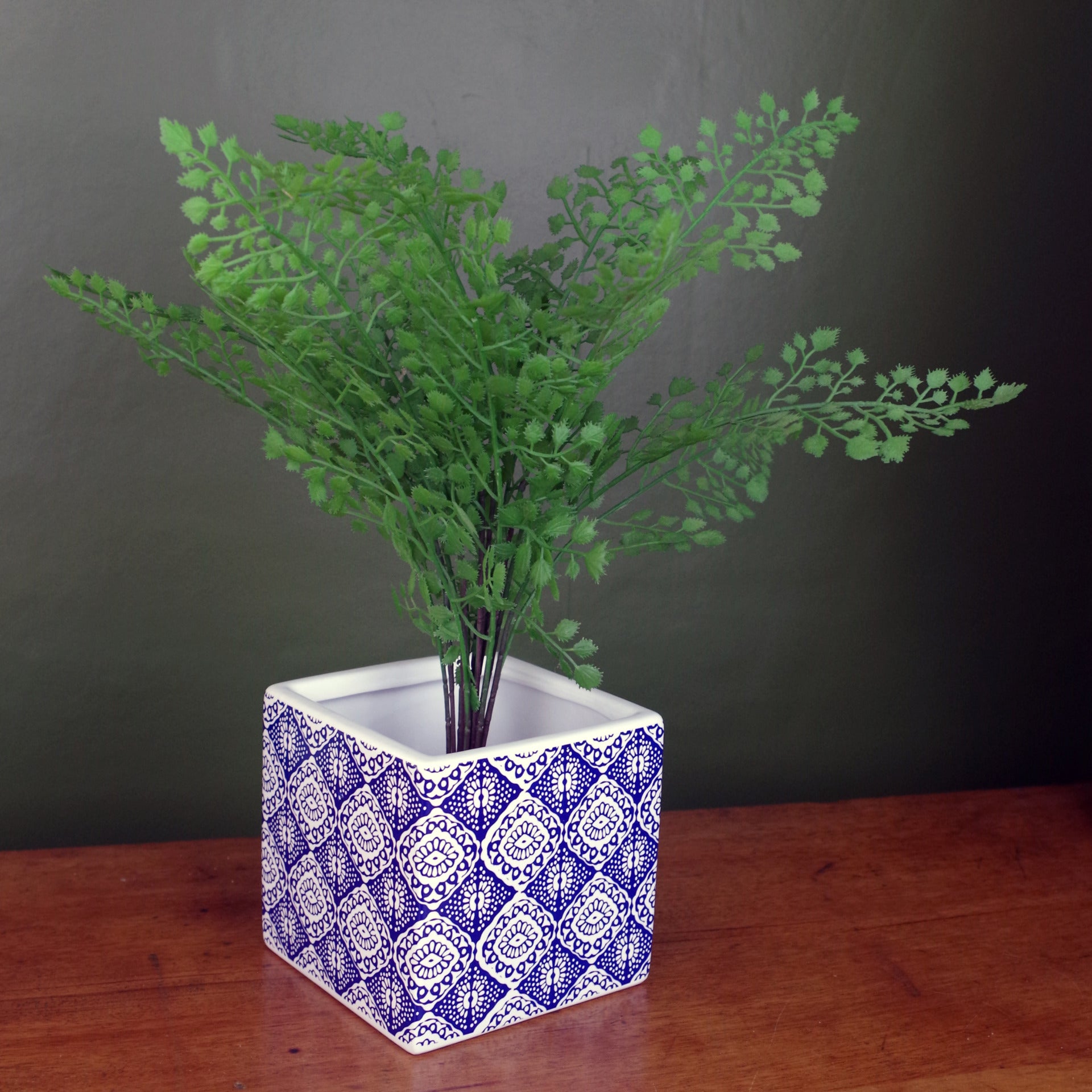 Ceramic Cube Planter Blue Print Plant Pot