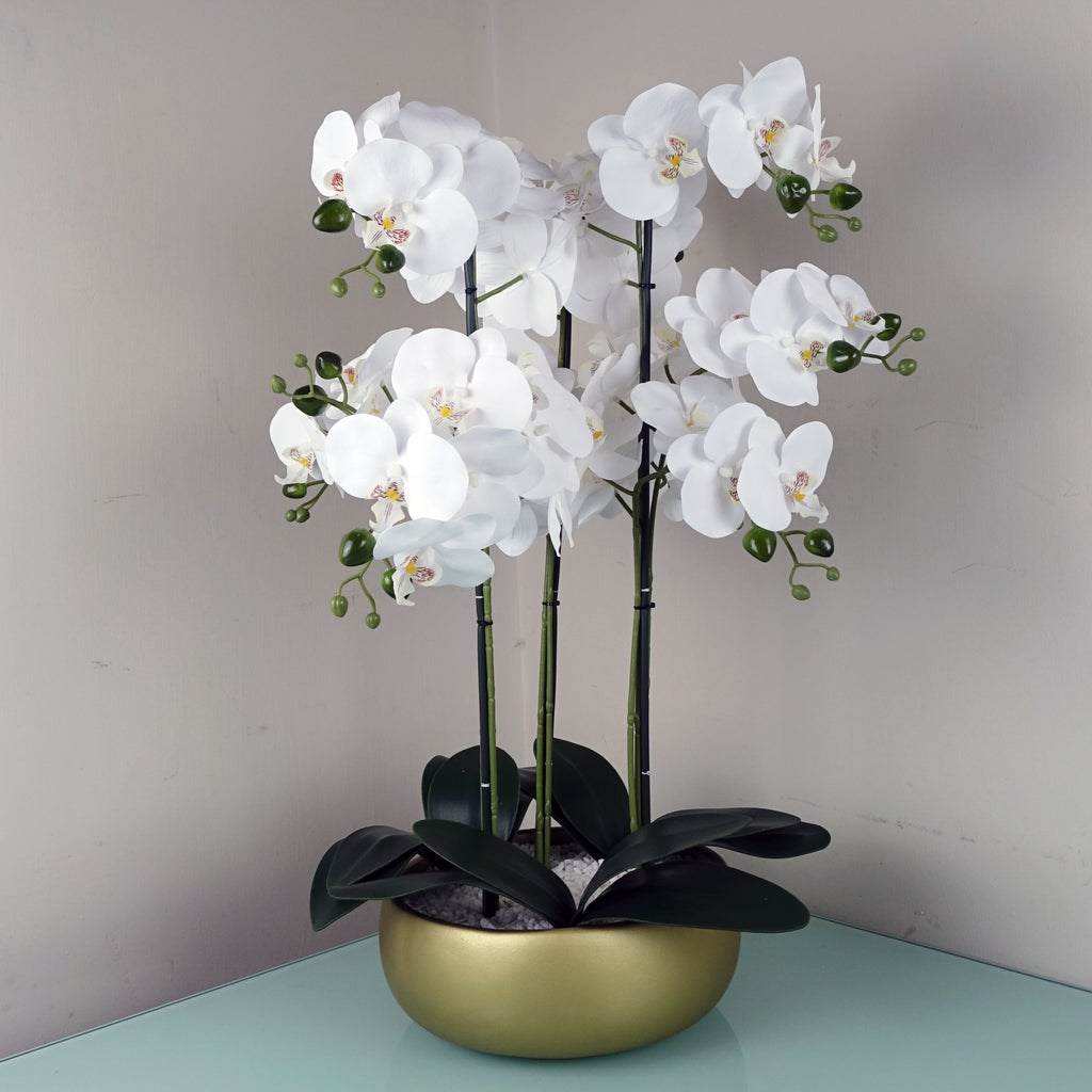 60cm Orchid Artificial  White - Gold Ceramic Planter