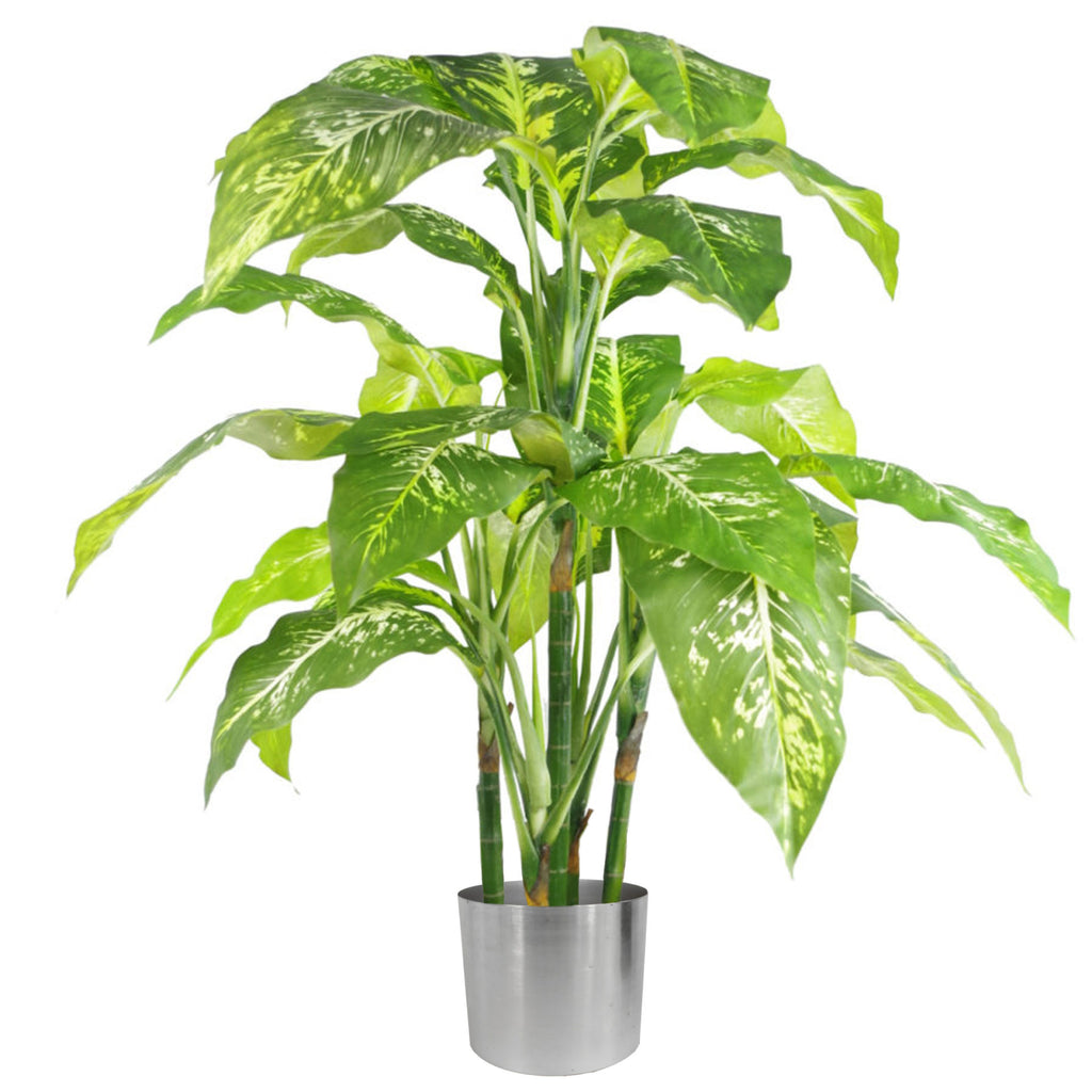 100cm Large Fox's Aglaonema (Spotted Evergreen) Tree Artificial Plant with Silver Metal Planter
