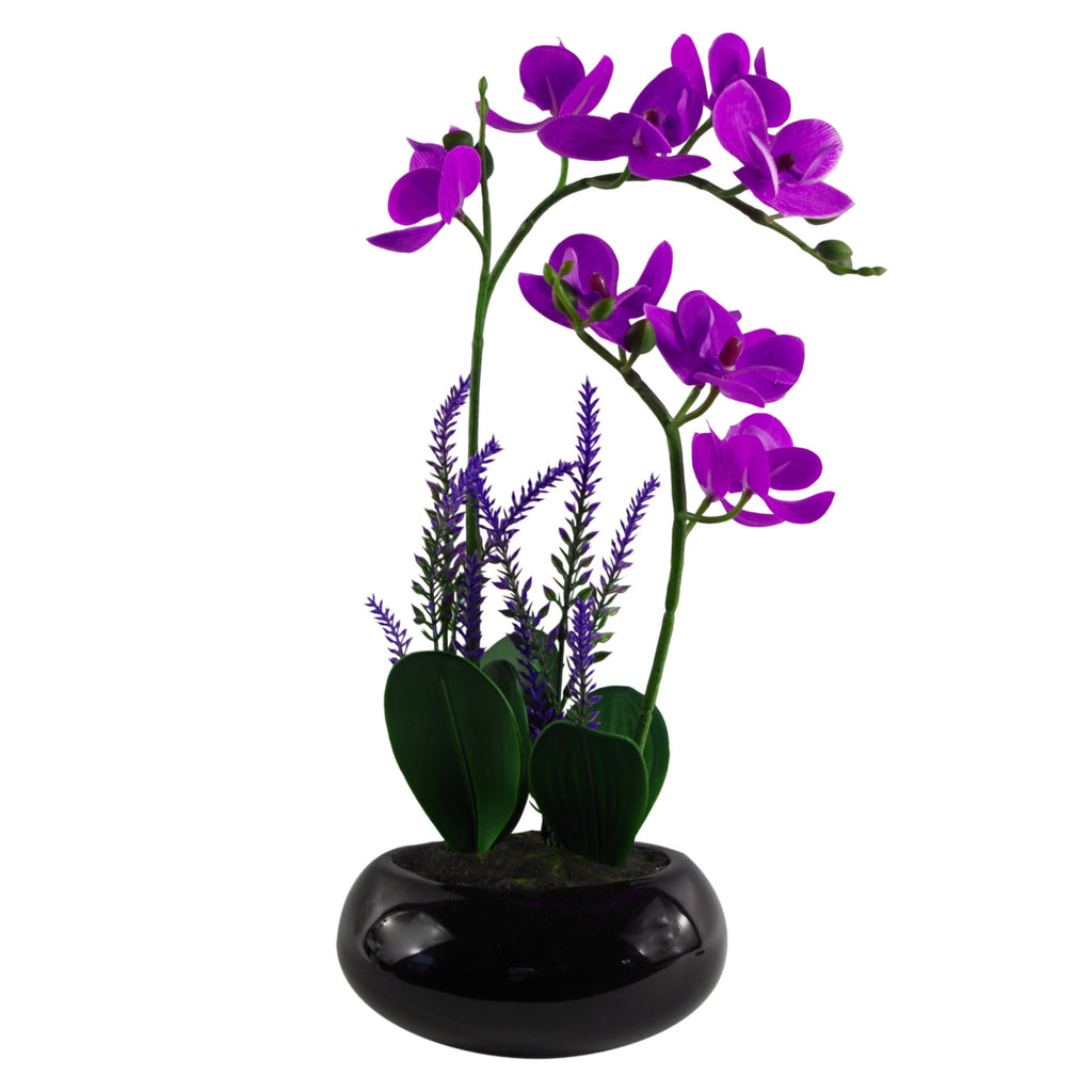 38cm Artificial Orchid in Black Ceramic Bowl Planter