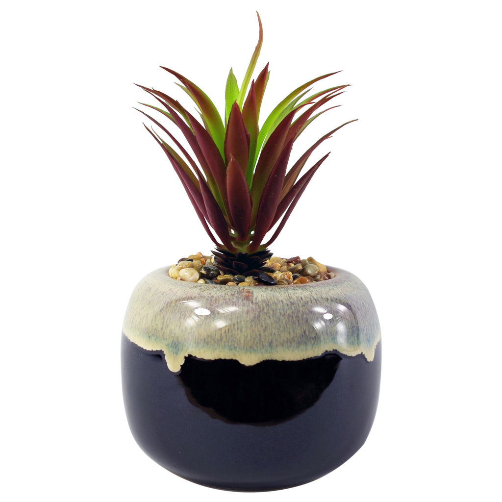 20cm Ceramic Drip Glazed Planter with Artificial Red Dracaena Plant