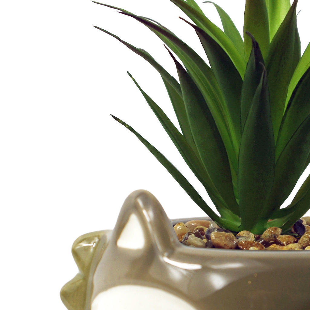 18cm Ceramic Grey Fox Planter with Artificial Dracaena Plant