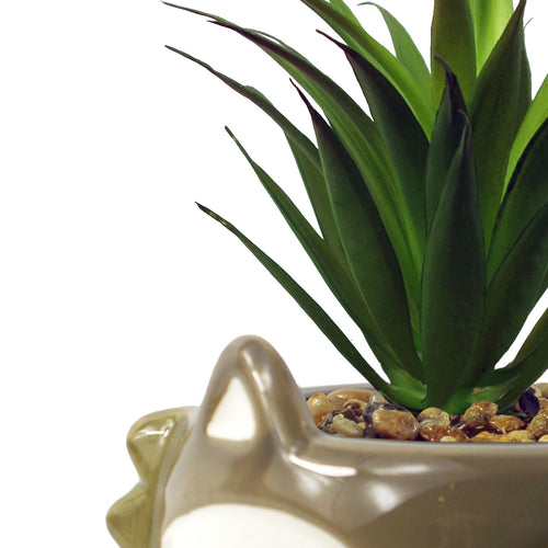 18cm Ceramic Grey Fox Planter with Artificial Dracaena Plant
