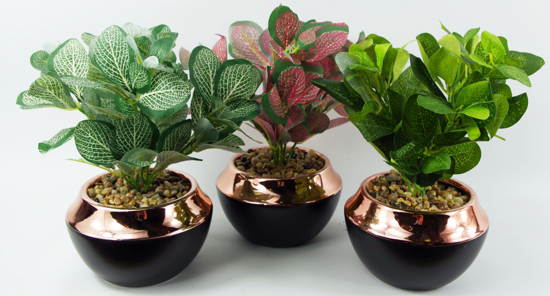 22cm Ceramic Planter Copper Band with Artificial Red Mosaic Plant