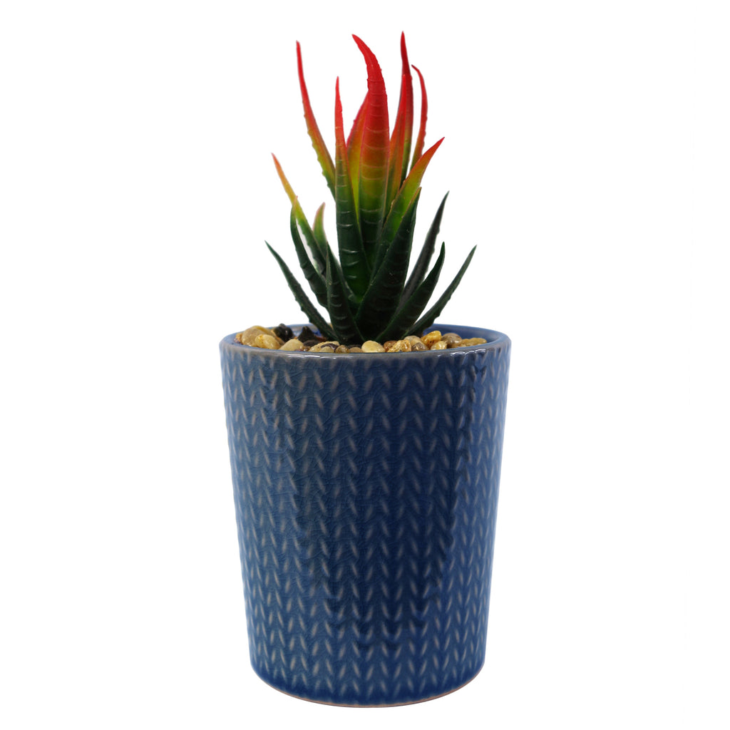Set of Three 17cm Ceramic Blue Stripe Planter with Artificial Cactus Dracaena & Succulents