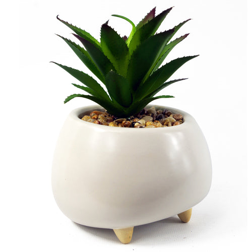 15cm Ceramic Pebble White Planter with Artificial Succulent Plant