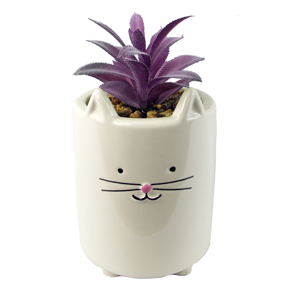 18cm Ceramic White Cat Planter with Artificial Pink and Purple Succulent Plant