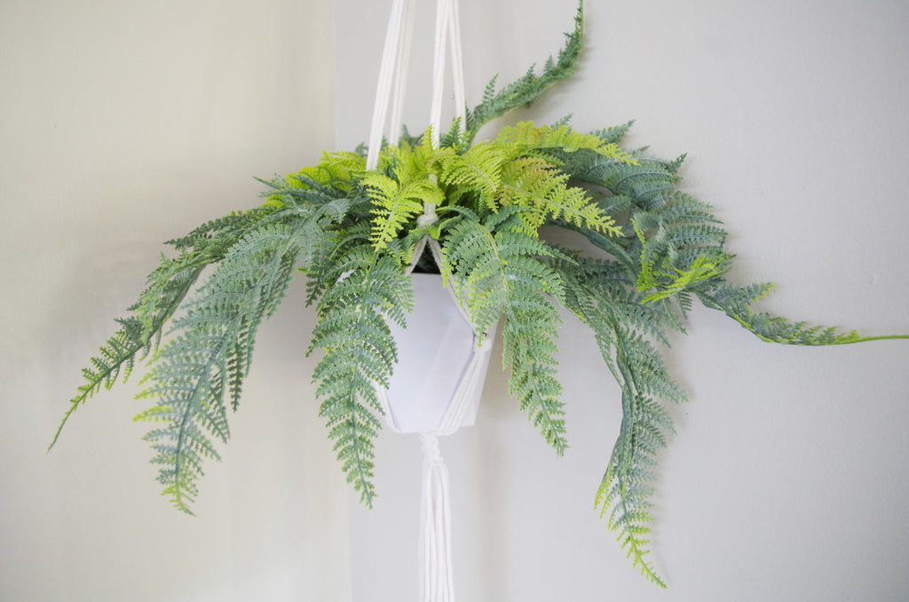 Hanging Potted Artificial Fern with Woven Rope Hanger & Geometric Pot