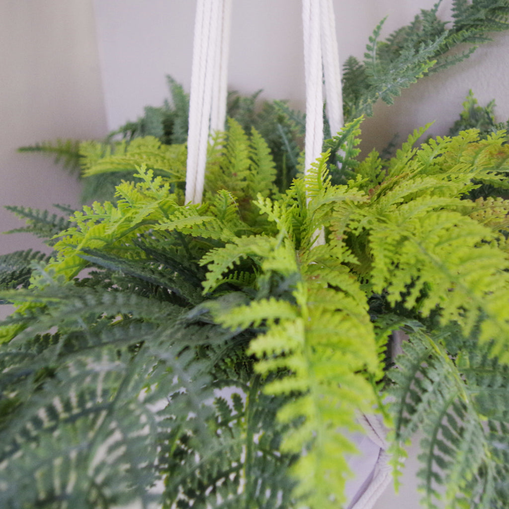 Hanging Potted Artificial Fern with Woven Rope Hanger & Geometric Pot