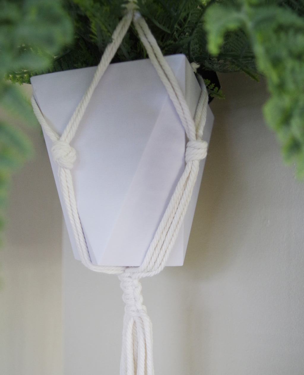 Hanging Potted Artificial Fern with Woven Rope Hanger & Geometric Pot