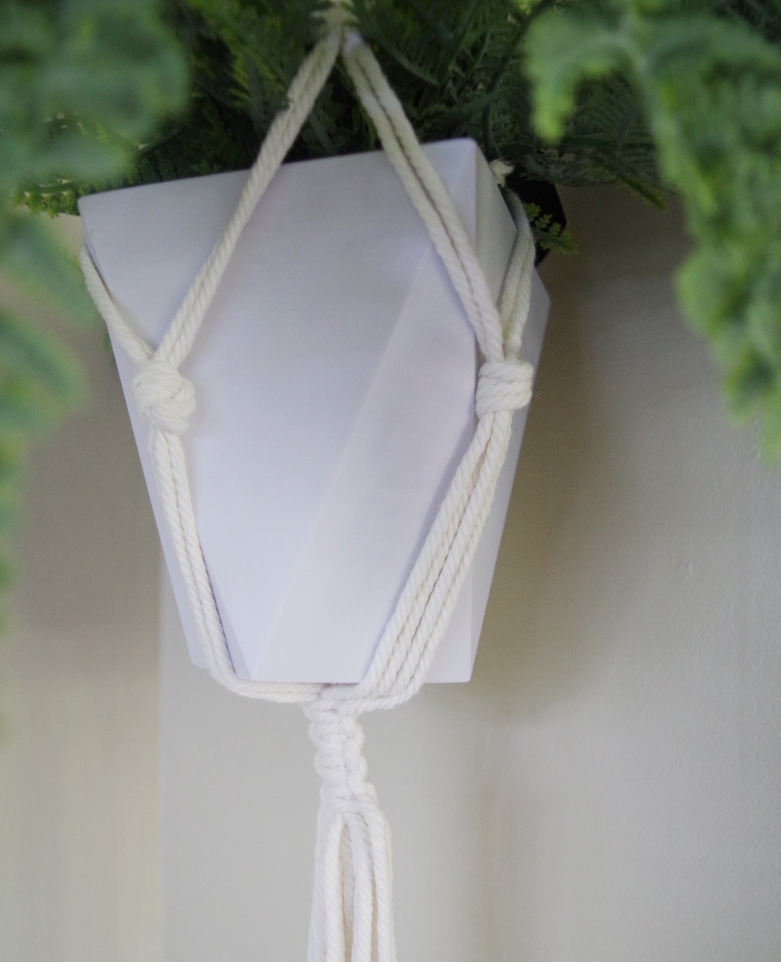 Hanging Potted Artificial Fern with Woven Rope Hanger & Geometric Pot