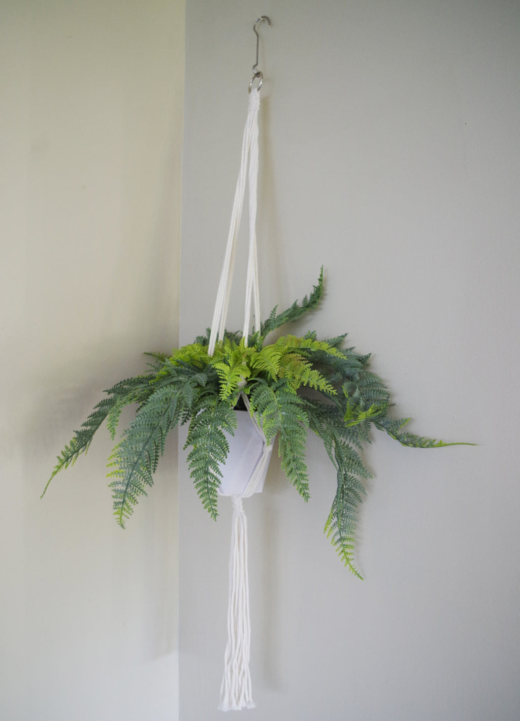 Hanging Potted Artificial Fern with Woven Rope Hanger & Geometric Pot