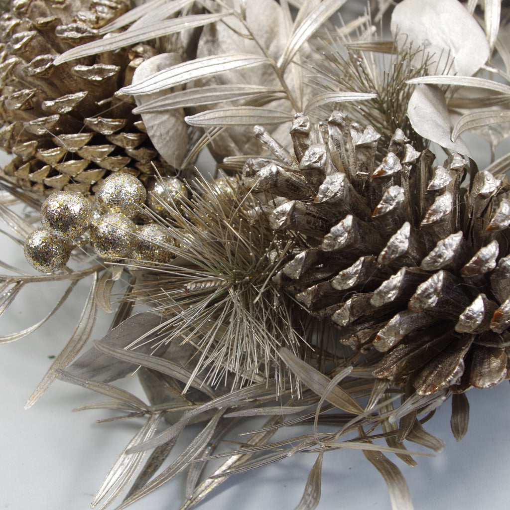 60cm (24") Large Luxury Christmas Silver Sparkle Glitter Pine Cone Foliage Floristry Wreath