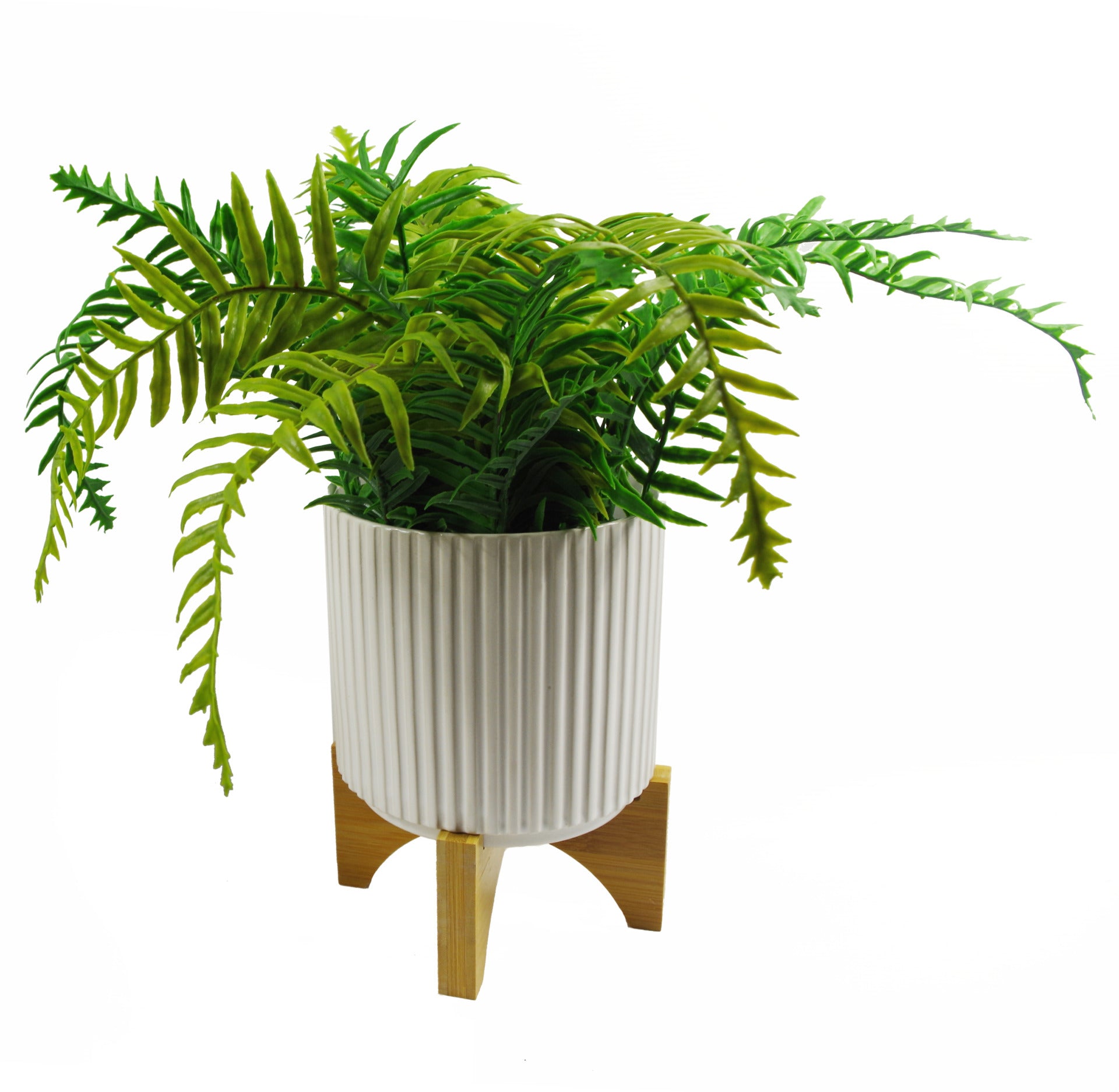 White Ribbed Ceramic Plant Pot with Bamboo Stand 14.5 x 14.5 x 19cm