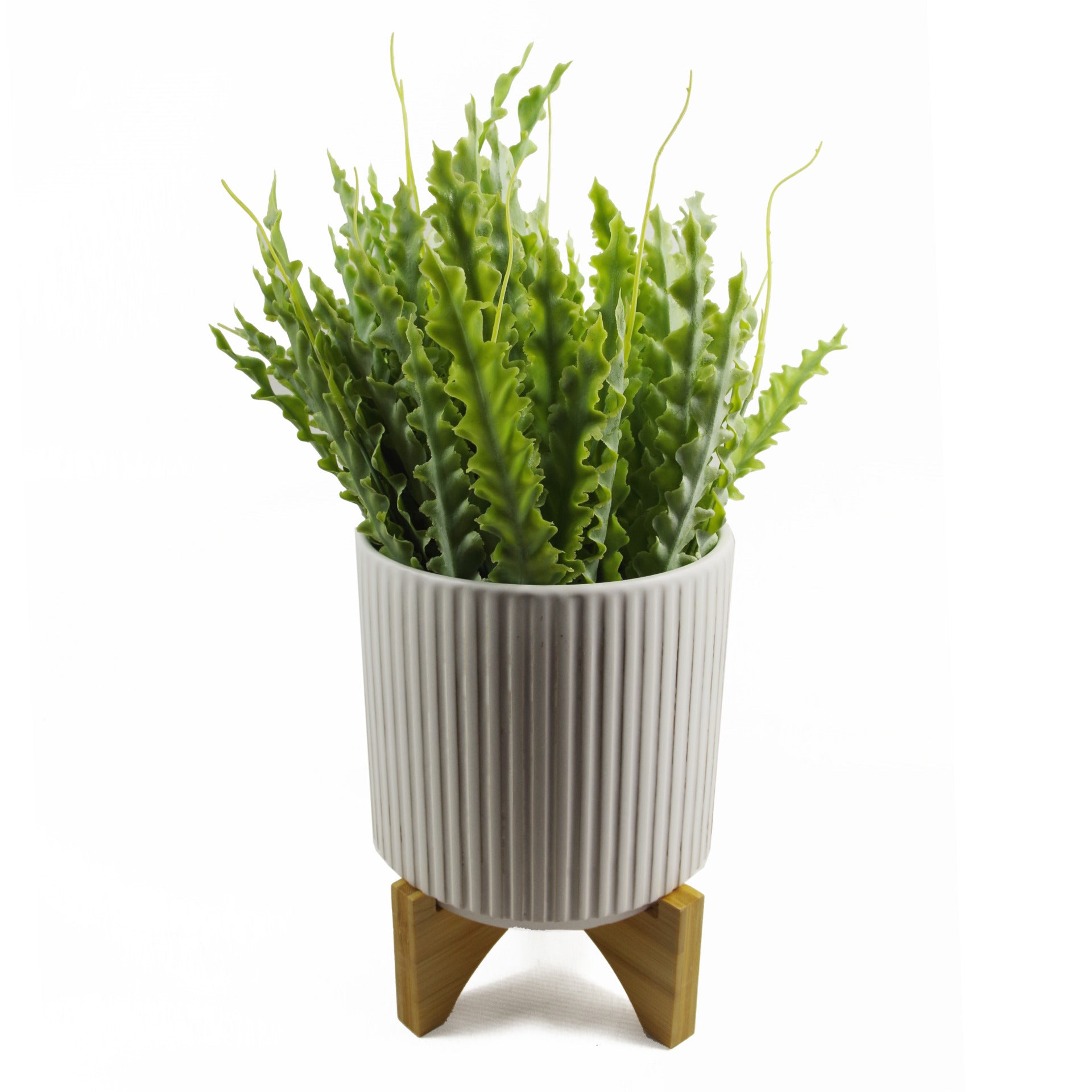 White Ribbed Ceramic Plant Pot with Bamboo Stand 14.5 x 14.5 x 19cm