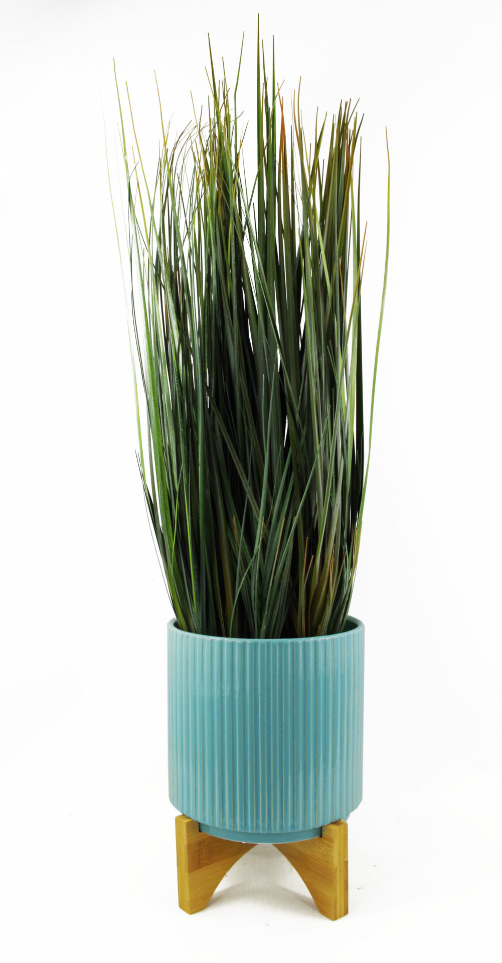 Turquoise Blue Ribbed Ceramic Planter Plant Pot with Bamboo Stand 14.5 x 14.5 x 19cm