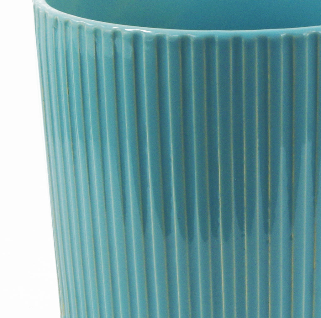 Turquoise Blue Ribbed Ceramic Plant Pot 16 x 16 x 15cm