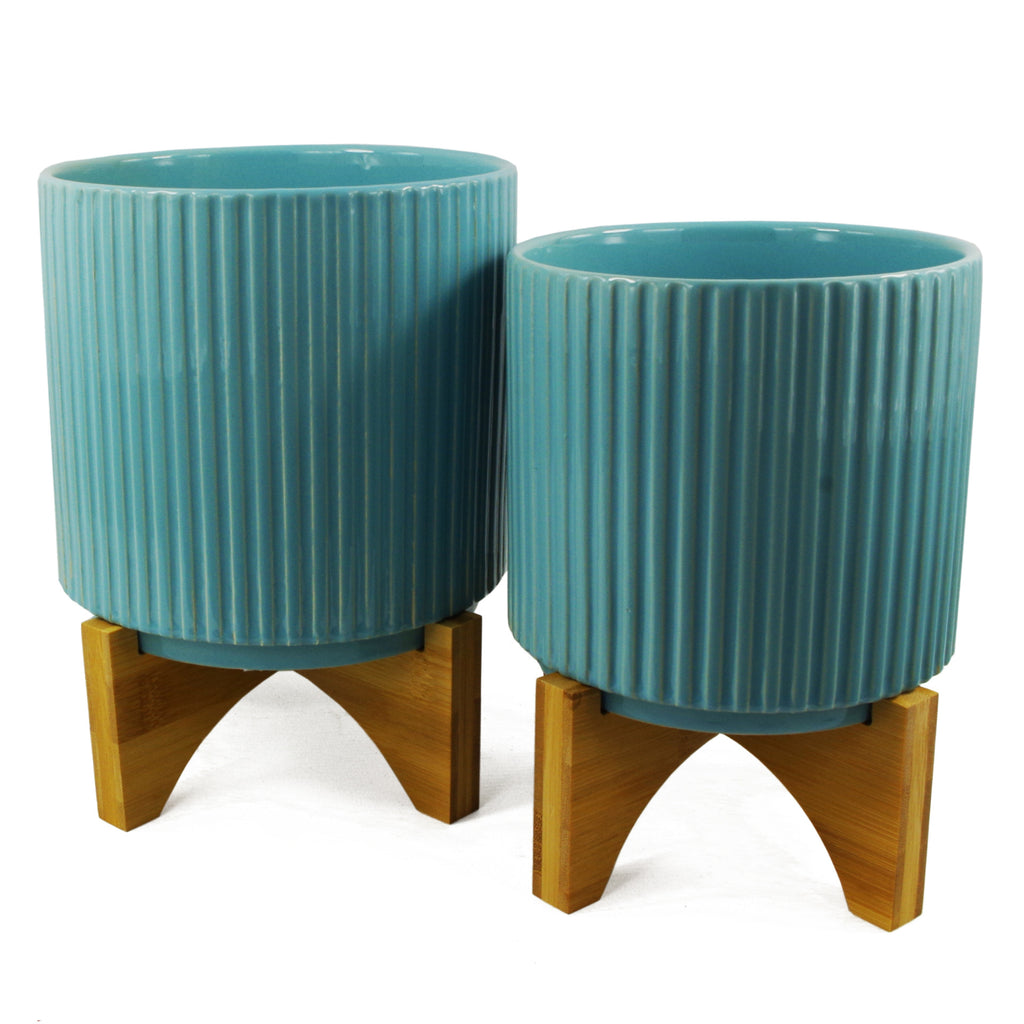 Turquoise Blue Ribbed Ceramic Plant Pot 16 x 16 x 15cm