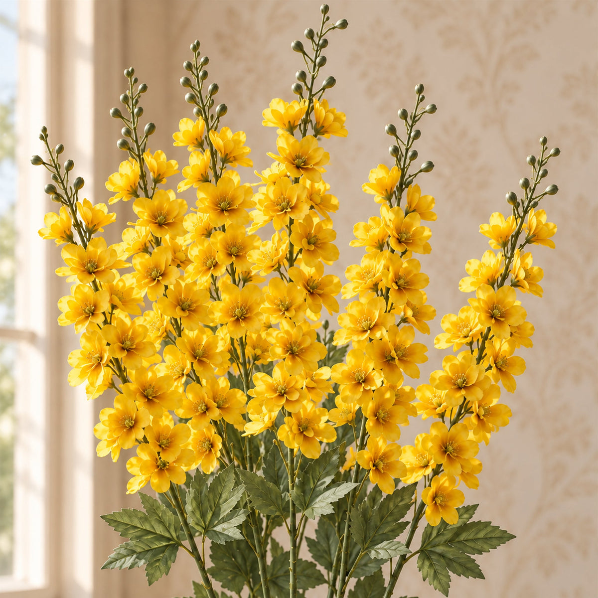 Pack of 6 x 85cm Artificial Yellow Larkspur Flower Stems