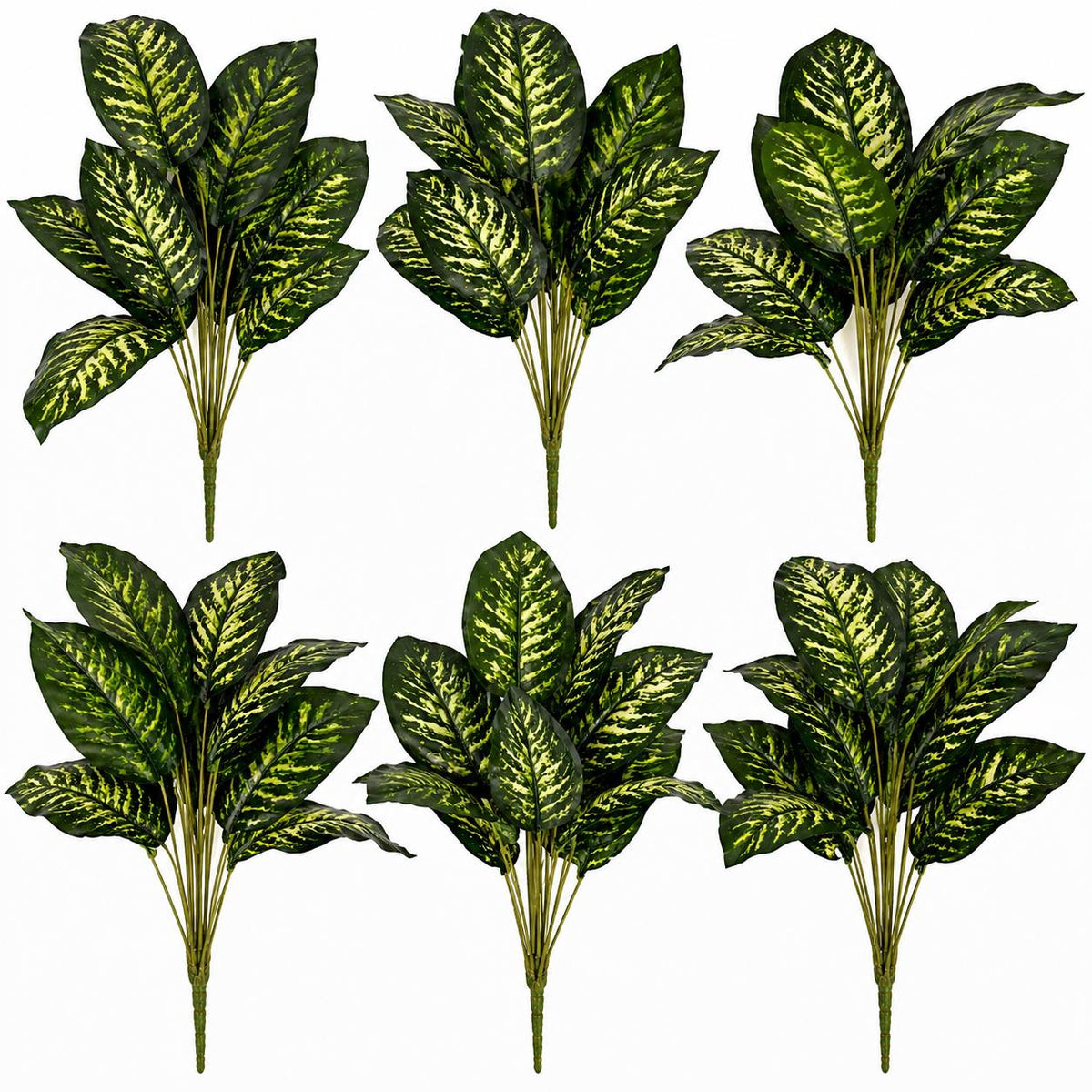 Pack of 6 x 60cm Artificial Dieffenbachia Style Stem Plant Green Variegated Faux Foliage