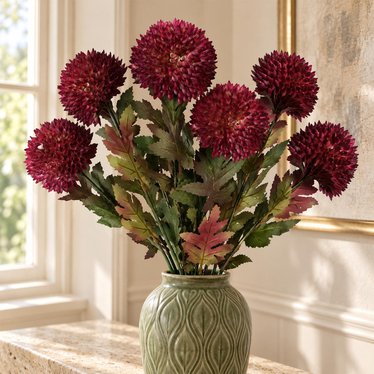 Pack of 6 x 70cm Large Ball Dahlia Artificial Flower Stem Pink styled in a room