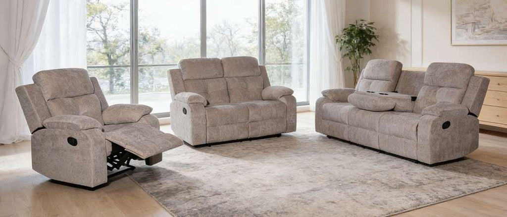 Apollo fabric recliner suite in Wicker