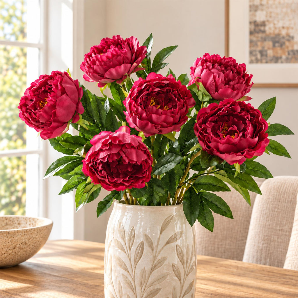 Pack of 6 x 80cm Artificial Dark Pink Peony Stem styled in a room