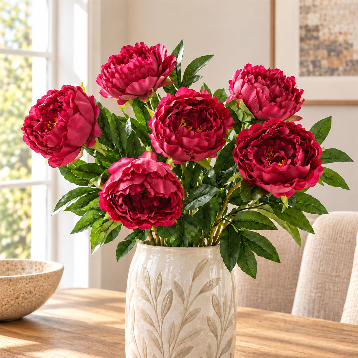 Pack of 6 x 80cm Artificial Dark Pink Peony Stem styled in a room