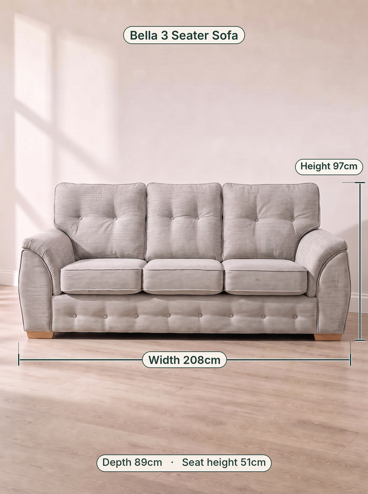 Bella 3 Seater Sofa dimensions: width 208cm, height 97cm, depth 89cm, seat height 51cm