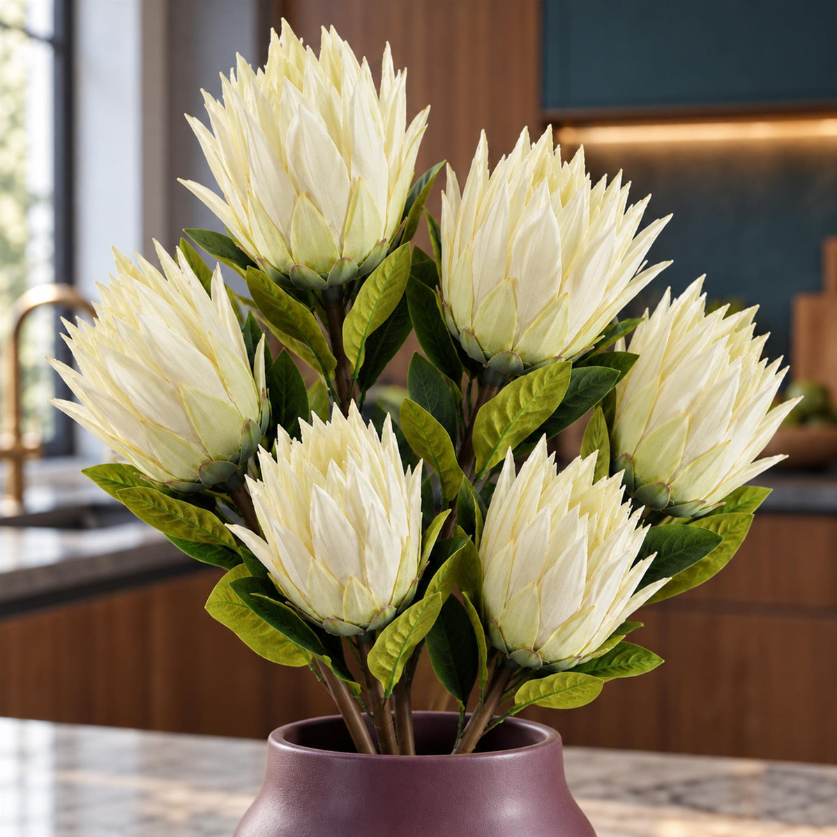 Pack of 6 x 65cm Protea Sugarbush Flower Stem - White styled in a room