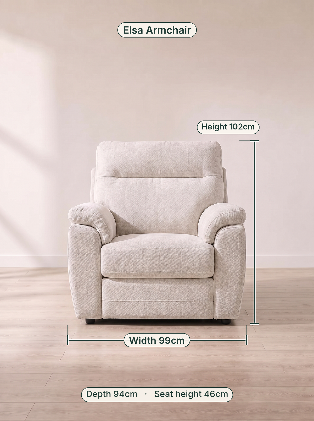 Elsa Armchair dimensions: width 99cm, height 102cm, depth 94cm, seat height 46cm