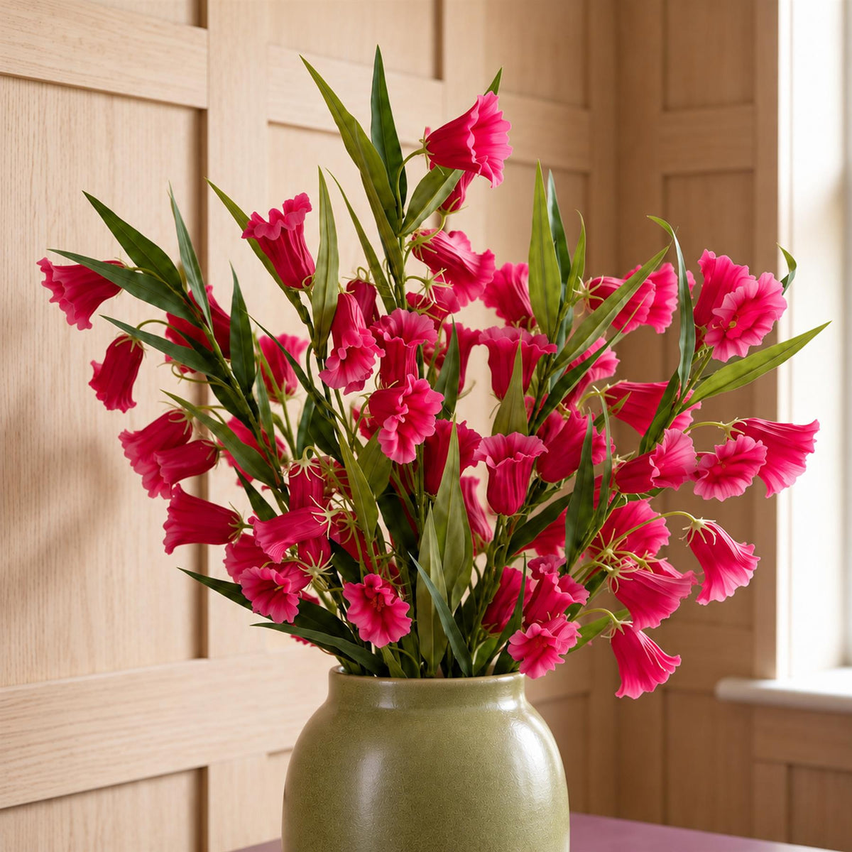 Pack of 6 x 100cm Trumpet Artificial Flower Stem Fuchsia Pink styled in a room