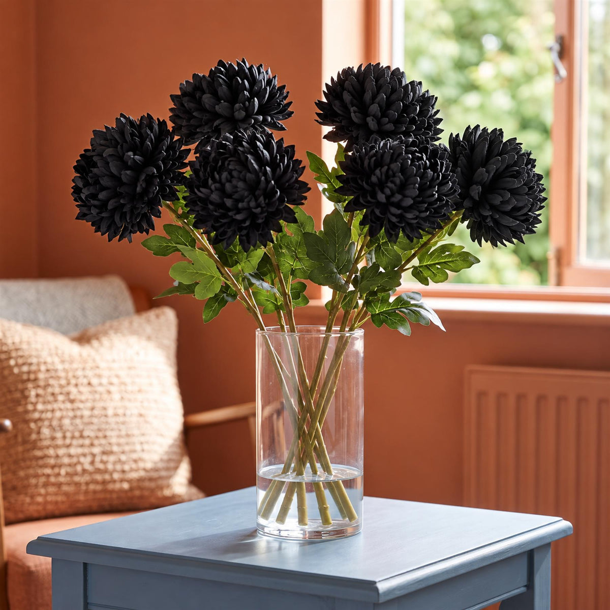 Pack of 6 x 75cm Extra Large Reflex Chrysanthemum - Black styled in a room
