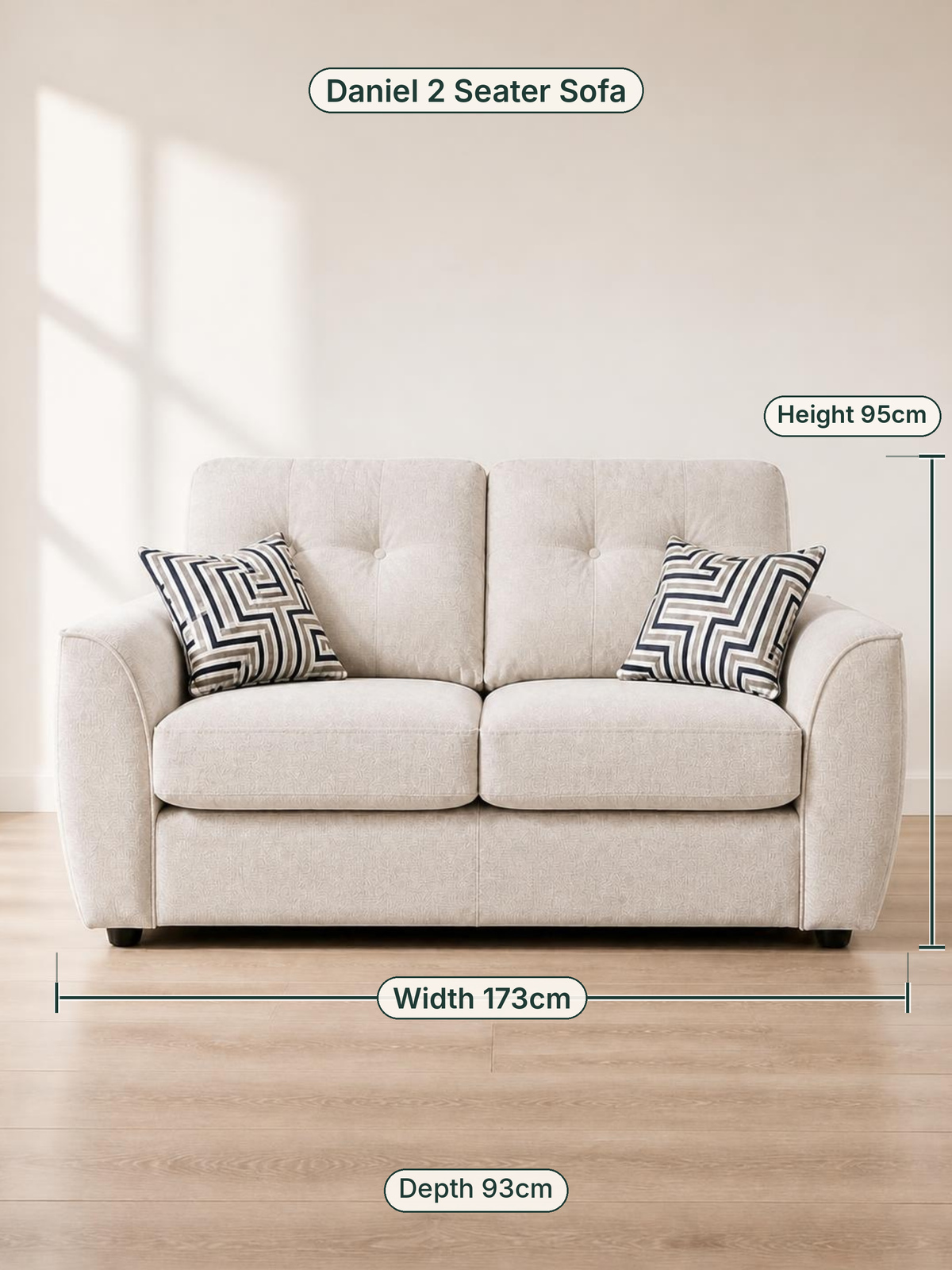Daniel 2 Seater Sofa dimensions: width 173cm, height 95cm, depth 93cm