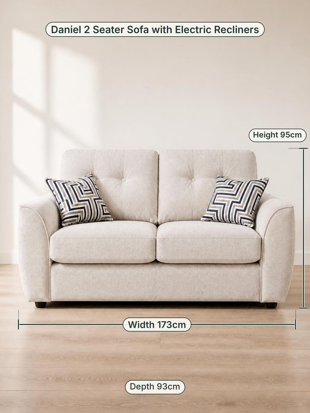 Daniel 2 Seater Sofa with Electric Recliners dimensions: width 173cm, height 95cm, depth 93cm