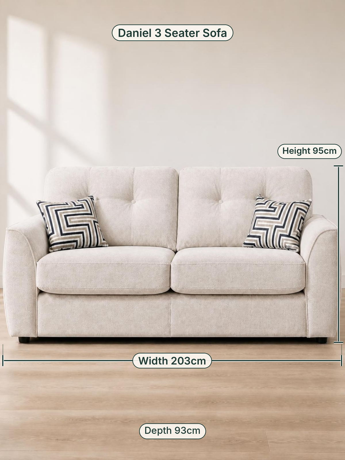 Daniel 3 Seater Sofa dimensions: width 203cm, height 95cm, depth 93cm